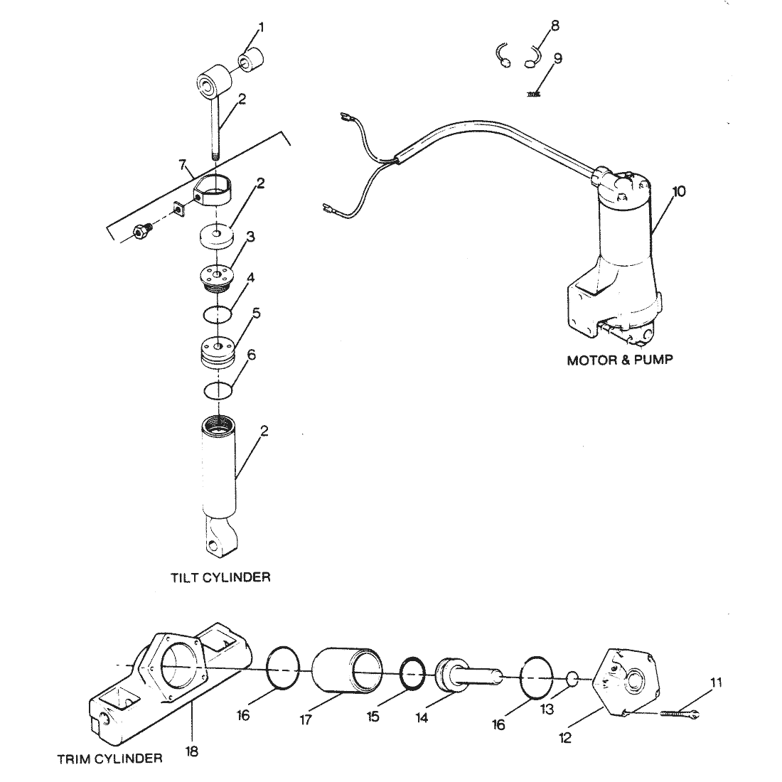 PARTS BREAKDOWN TILT CYLINDER, TRIM CYLINDER, MOTOR & PUMP